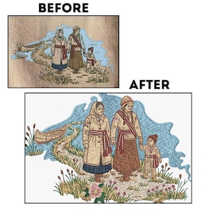 May include: An embroidery design featuring two adults and a child walking along a path near a canoe and water. The text BEFORE is above the top image, and AFTER is above the bottom image. The scene includes floral elements and detailed clothing.