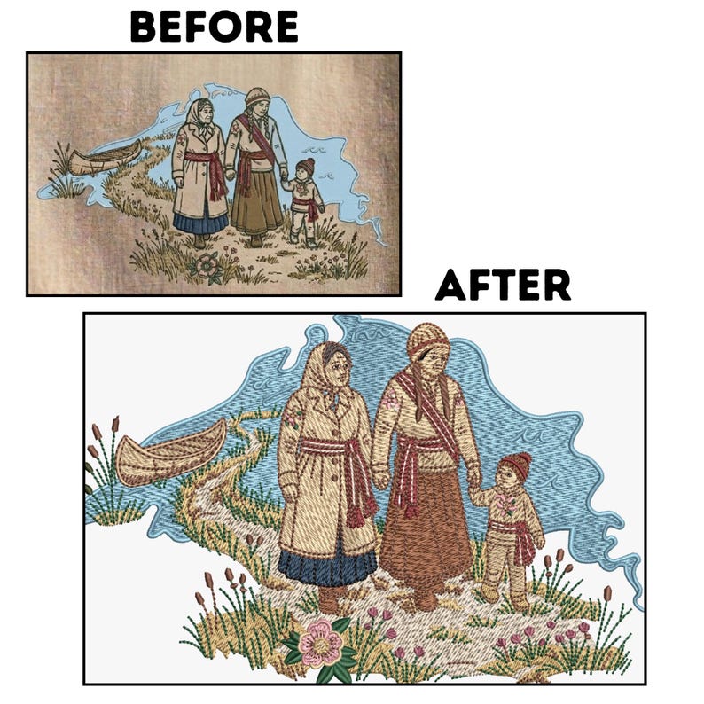 May include: An embroidery design featuring two adults and a child walking along a path near a canoe and water. The text BEFORE is above the top image, and AFTER is above the bottom image. The scene includes floral elements and detailed clothing.