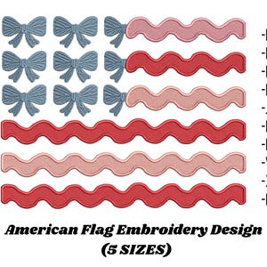Bow Scalloped American Flag Embroidery Design, 4th of July Machine Embroidery File, Patriotic Summer Bow Design, 5 sizes