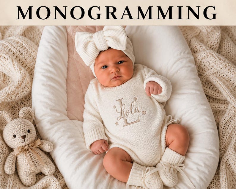 May include: A cream-colored long-sleeve knit bodysuit featuring the embroidered name Lola with a large letter L and small star accents. The outfit includes a matching ribbed knit headband with a large bow and cream-colored knit booties.