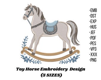 Diseño de bordado de caballo mecedor, caballo de juguete vintage bordado a máquina para habitación de bebé, 5 tamaños, descarga instantánea
