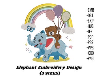 Cute Teddy Bear Elephant Embroidery Design,Cute Baby Bear Machine Embroidery for Baby Nursery, 5 Size, Instant Download