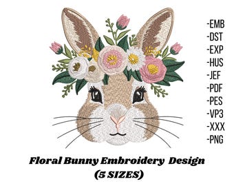 Desenho de bordado de Páscoa, arquivo de bordado de coelhinho da Páscoa, padrão de bordado floral de coelho, bordado à máquina de coelhinho fofo, download digital