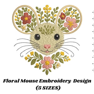 Floral Mouse Embroidery Design, Mouse Machine Embroidery Design, Floral Animal Embroidery, Floral Mouse PES DST JEF, Cottagecore Aesthetic