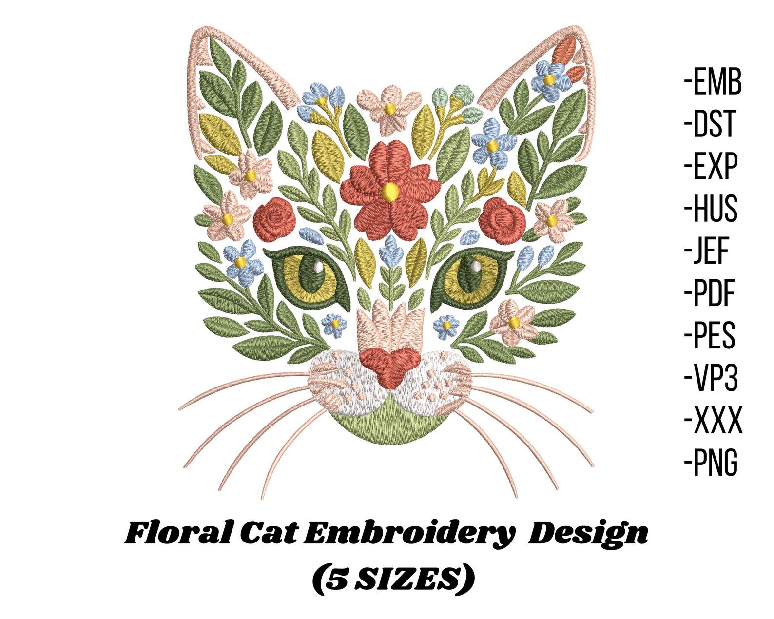 Floral Cat Embroidery Design, Cute Cat Machine Embroidery File, Kitty ...