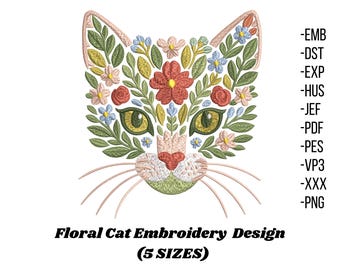 Floral Cat Machine Embroidery Design, Pastel Leaf Animal Face for Sweat & T-shirts, Cat Pattern, Pet Embroidery, Floral Animal Embroidery