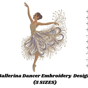 Puede incluir: Diseño bordado de una bailarina en pose elegante. La bailarina está representada en tonos beige y dorado, con una falda fluida en oro y lavanda. El texto "Ballerina Dancer Embroidery Design" y "(5 SIZES)" se encuentra debajo.
