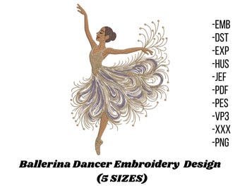May include: An embroidered design of a ballerina in a graceful pose. The dancer is depicted in shades of tan and gold, with a flowing skirt in gold and lavender. The text "Ballerina Dancer Embroidery Design" and "(5 SIZES)" are below the image.