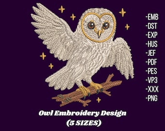 White Owl Embroidery Design, Realistic Bird Pattern (Digital File)