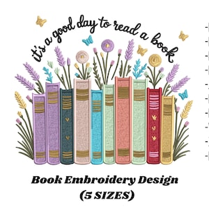 Diseño de bordado floral con temática de libros y citas sobre lectura (Descarga instantánea)