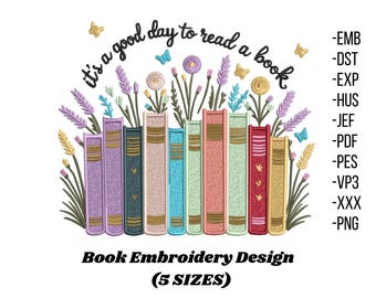 Floral Book Embroidery Design, Reading Quote (Instant Download)