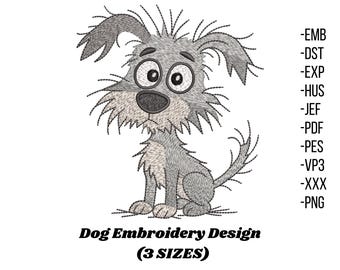 May include: An embroidered design of a cartoon dog in shades of gray, with large eyes and a surprised expression. The text "Dog Embroidery Design (3 SIZES)" is below the dog. File types include EMB, DST, EXP, HUS, JEF, PDF, PES, VP3, XXX, and PNG.