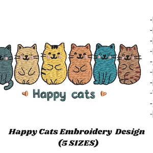 Happy Cat Embroidery Design, Cute Cat Machine Embroidery File, Animal Embroidery Pattern, 5 Sizes Included, Instant Download