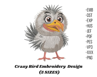 Funny Crazy Bird Embroidery Design, Whimsical Machine Embroidery (Instant Download)