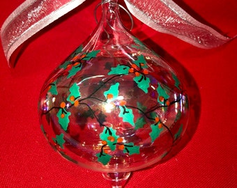 Holly Christmas Ornament Hand-painted on Iridescent Glass