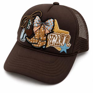Brown Western Trucker Hat | Cowgirl Boots, Rope, Bow Patches | Boutique Snapback