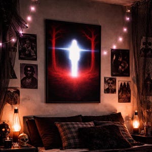 May include: A bedroom decorated with a Halloween theme. A large framed print of a glowing figure in a red and black forest hangs above the bed. Several smaller framed prints and string lights adorn the wall. A bed with brown pillows and a plaid pillow is in the foreground.