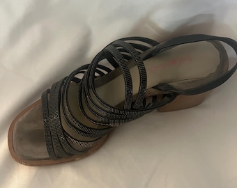 Brunello Cucinelli Graphi Colored Leather/Metal Strap Sandals. Size 39