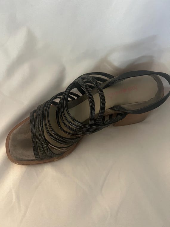 Brunello Cucinelli, Brunello Cucinelli Graphi Colored Leather/Metal Strap Sandals. Size 39