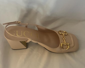 Gucci Malaga Skin Rose (Cream) Leather Shoes Featuring Gold Detail Across The Toe. Size 39 1/2.
