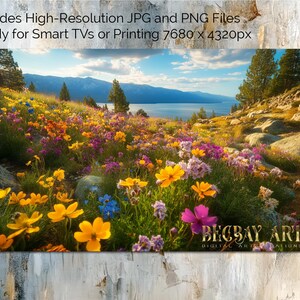 Blumenspur Lake Tahoe Digitale TV-Kunst - AI-Landschaft Downloads für 16: 9-Bildschirme, Wandkunst für Smart-TVs, Rahmen, Monitore, png jpg-Dateien