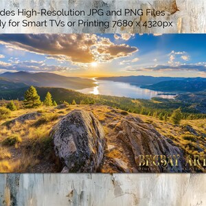 Mit Blick auf Lake Tahoe Digitale TV-Kunst - AI-Landschaft Downloads für 16: 9-Bildschirme, Wandkunst für Smart-TVs, Rahmen, Monitore, png jpg -Dateien