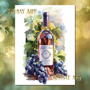 Custom Rose Wine Bottle Wall Art Watercolor Style – Personalized Label – Printable Bar Decor Gift for Wedding, Birthday, Anniversary