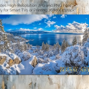 Blauer Himmel Schnee Lake Tahoe Digitale TV-Kunst - AI-Landschaft Downloads für 16: 9-Bildschirme, Wandkunst für Smart-TVs, Rahmen, Monitore, png jpg -Dateien