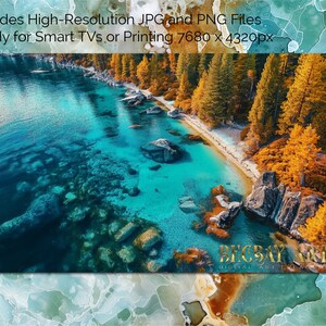 Küstenlinie von Lake Tahoe Digitale TV-Kunst - AI-Landschaften Downloads für 16: 9-Bildschirme, Wandkunst für Smart-TVs, Rahmen, Monitore, png jpg-Dateien
