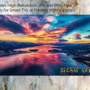 Bunter Himmel Lake Tahoe Digitale TV-Kunst - AI-Landschaft Downloads für 16: 9-Bildschirme, Wandkunst für Smart-TVs, Rahmen, Monitore, png jpg -Dateien