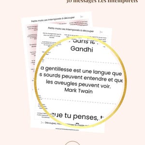 Peut inclure: Cartes de citations imprimables avec des messages inspirants de Mahatma Gandhi et Mark Twain. Les cartes sont conçues pour être utilisées dans un bocal à messages ou pour d'autres projets d'artisanat. Le texte sur les cartes est "Sois le changement que tu veux voir dans le monde. - Gandhi" et "La gentillesse est une langue que les sourds peuvent entendre et que les aveugles peuvent voir. - Mark Twain".