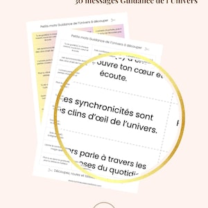 Peut inclure: Cartes imprimées avec des messages inspirants en français, conçues pour les pots à messages. Les cartes comportent des phrases telles que « Ouvre ton cœur et écoute » et « Les synchronicités sont des clins d'œil de l'univers ».