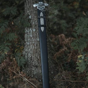 May include: A black sword with a silver handle and accents, resting against a tree trunk. The sword is in a black sheath with silver detailing. The image is set in a forest environment.