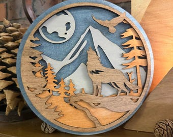 Layered Wood Wolf Art: Mountain Scene, Rustic Cabin Decor