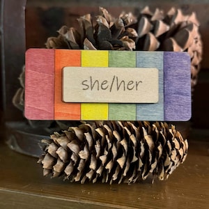 May include: A wooden pronoun sign with the text "she/her" on a rectangular wooden plaque. The background is a rainbow of colors. The sign is displayed in front of pine cones.