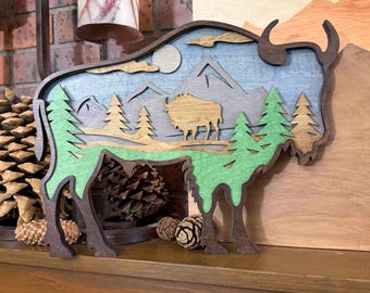 Layered Wood Bison Art | Rustic Prairie Landscape Decor