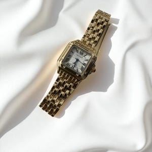 Women's gold wristwatch, vintage square dial watch with Roman numerals, luxury bracelet watch, elegant retro-style gift for her, gift watch
