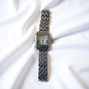 Women's silver wristwatch, square case with Roman numerals, vintage-style bracelet watch, classic elegant timepiece, gift watch