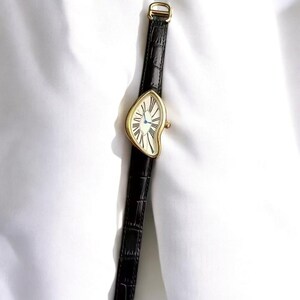 Women's surreal wristwatch, melting dial watch, black leather band, Roman numeral dial, artistic quartz watch, gift idea