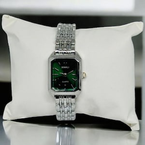 Women's silver wristwatch, rectangular green dial watch, minimalist vintage watch, elegant gift watch, retro-style quartz watch