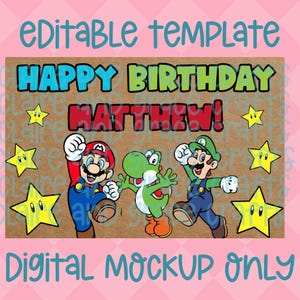 Puede incluir: Una maqueta digital con temática de cumpleaños que muestra "HAPPY BIRTHDAY MATTHEW!" en azul y verde. El diseño incluye los personajes de dibujos animados Mario, Yoshi y Luigi, junto con gráficos de estrellas amarillas. También están presentes las palabras "Editable Template" y "Digital Mockup Only".