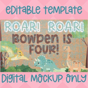 Op de afbeelding: Een digitale mockup met een dinosaurus thema. Het ontwerp bevat de tekst "Editable template", "ROAR! BOWDEN IS FOUR!" en "Digital Mockup Only". De afbeelding bevat illustraties van een Pterodactylus, Triceratops en Brontosaurus.