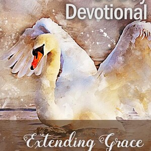 Pode incluir: Uma pintura em aquarela de um cisne branco com as asas abertas. O cisne está na água e o fundo é de uma cor marrom suave. O texto "30 Day Devotional" está na parte superior da imagem e o texto "Extending Grace" está na parte inferior da imagem.
