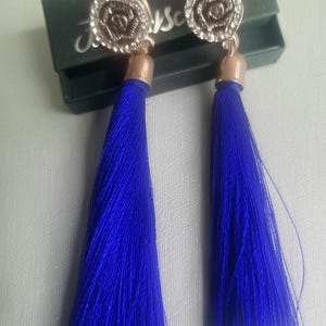 Vibrant Royal Blue Tassel Earrings with Floral Gold Studs and Sparkling Rhinestones
