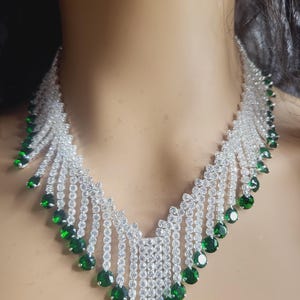 Emerald crystal tassel fall necklace and earrings set