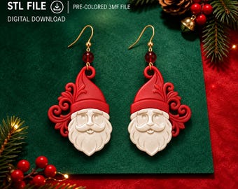 3D Printable Santa Earrings, Christmas Charm, Phone Accessory (STL File)