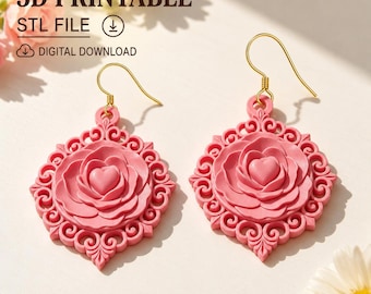 Rose Heart Earrings STL | Baroque Floral Dangle 3D Print File (Digital Download)