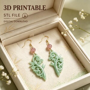 Pendientes y dije de filigrana de bambú (archivo STL), dije floral para impresión 3D (descarga digital)