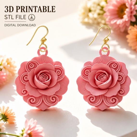 Rose Dangle Earrings STL File , Floral Jewelry 3D Print Design (Digital Download)