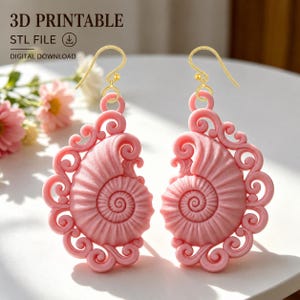 Ammonite Shell Earrings STL, Baroque Filigree Dangle, Nautilus Spiral Jewelry (3D Print STL File)